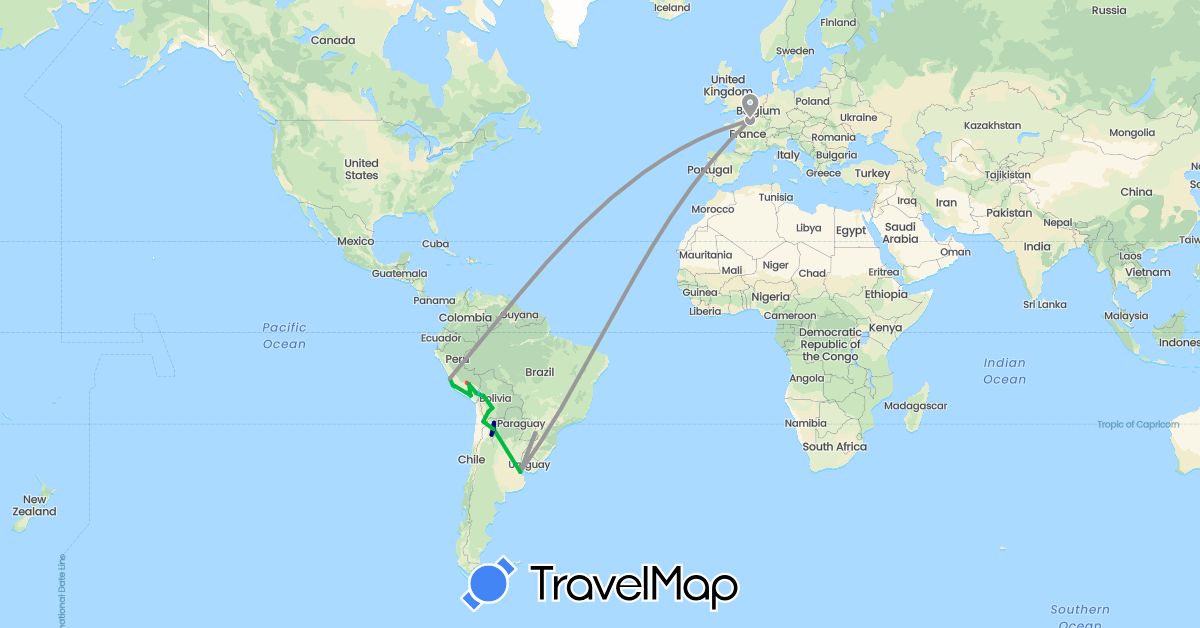 TravelMap itinerary: driving, bus, plane, hiking, boat in Argentina, Bolivia, Chile, France, Peru (Europe, South America)